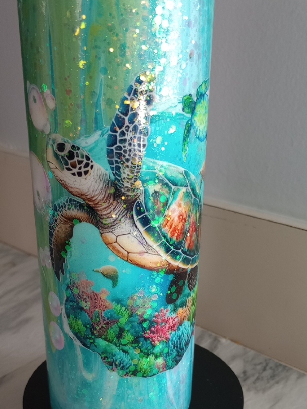 Sea Turtle Glitter Tumbler - Teal Aqua Design 20 Oz